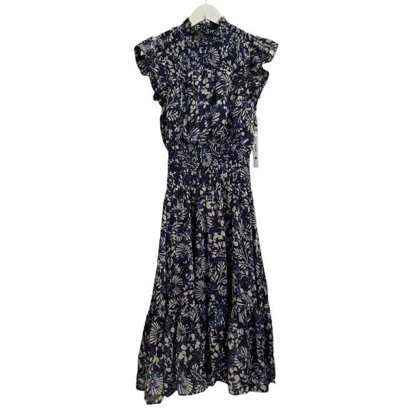 AQUA Floral Smocked Sleeveless Midi Dress - NWT Blue - Small - Picture 3 of 4